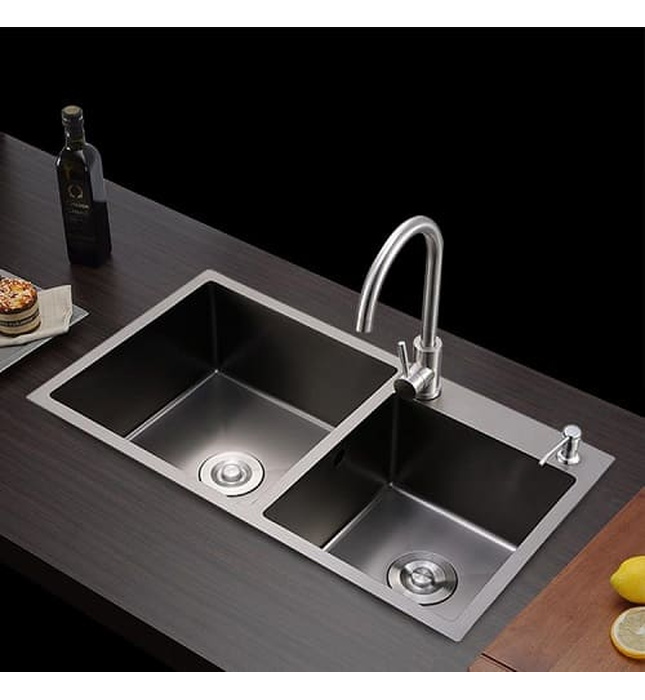 Chậu rửa bát 2 hố lệch Handmade inox304 Miken MKRB-8345NL