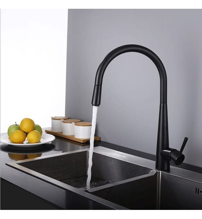 Vòi chậu rửa bát nóng lạnh dây rút màu đen Miken MK-1902B