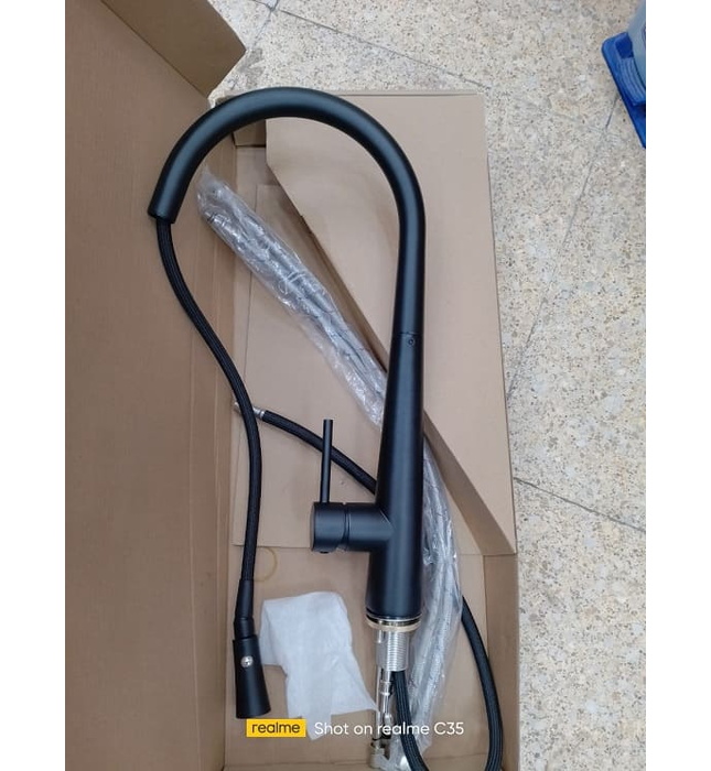 Vòi chậu rửa bát nóng lạnh dây rút màu đen Miken MK-1902B