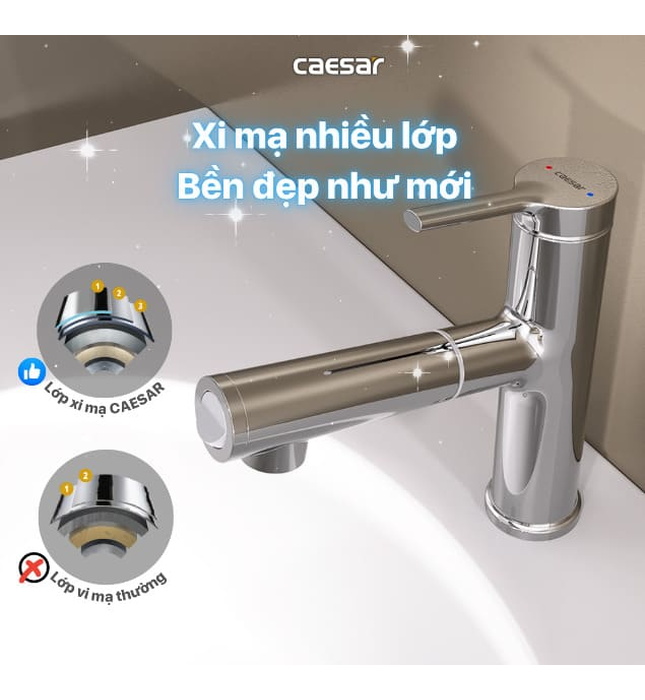 Vòi Lavabo Nóng Lạnh 1 Chân Dây  Rút Caesar B196C