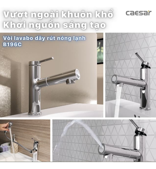 Vòi Lavabo Nóng Lạnh 1 Chân Dây  Rút Caesar B196C