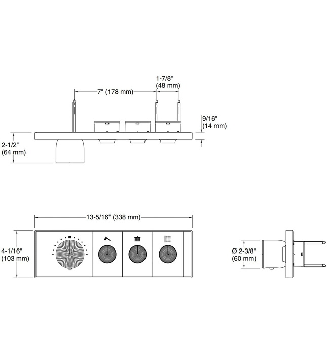 Mặt nạ điều khiển nhiệt độ sen tắm 3 cổng màu đồng Kallista P34720-00-PB