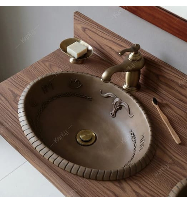 Chậu lavabo đặt bàn đồng thau họa tiết đầu trâu Kanly BS026 