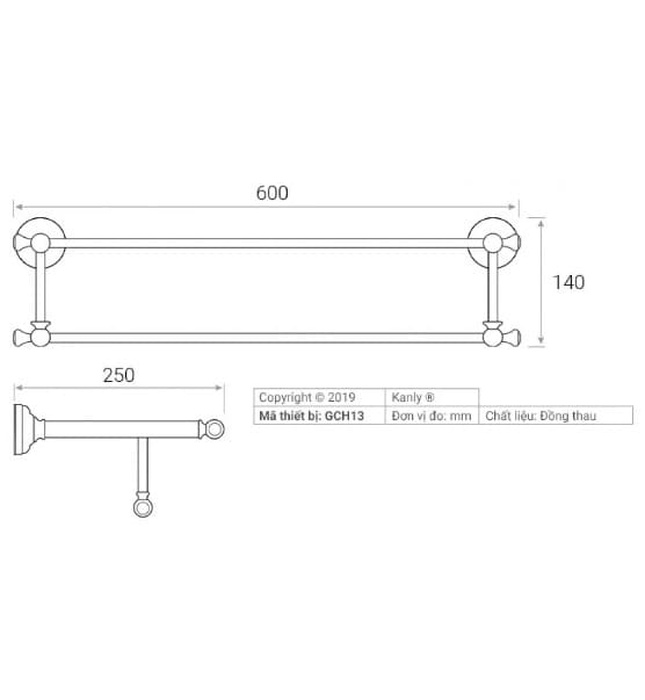 Thanh vắt khăn đôi bằng đồng kiểu cổ Kanly GCH13 
