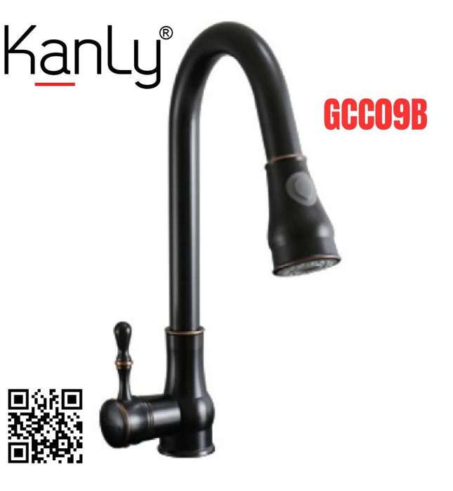 Vòi rửa bát rút dây nóng lạnh màu đen Kanly GCC09B 