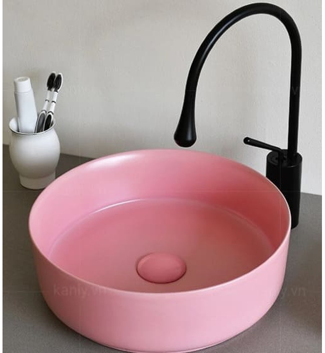 Chậu lavabo đặt bàn sứ tròn màu hồng Kanly SU520 