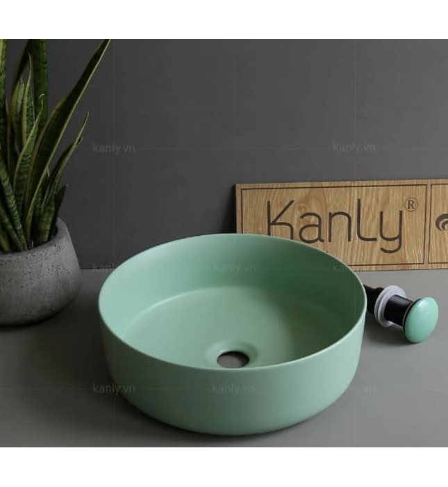 Chậu lavabo đặt bàn sứ tròn màu xanh ngọc Kanly SU526 