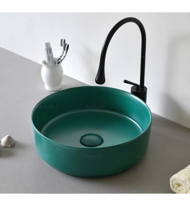 Chậu lavabo đặt bàn sứ tròn màu xanh lá Kanly SU529 