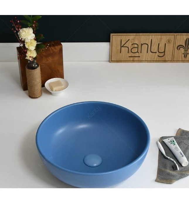 Chậu lavabo đặt bàn sứ tròn màu xanh dương Kanly SU515 