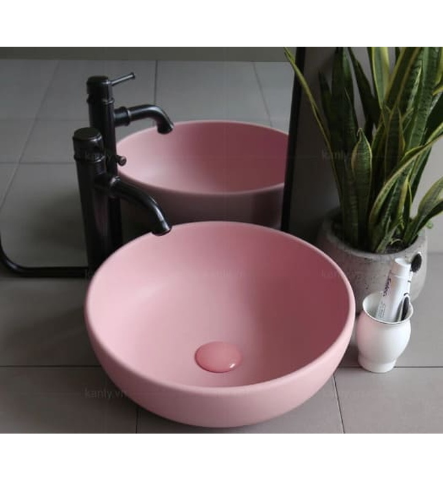 Chậu lavabo đặt bàn sứ tròn màu hồng Kanly SU510