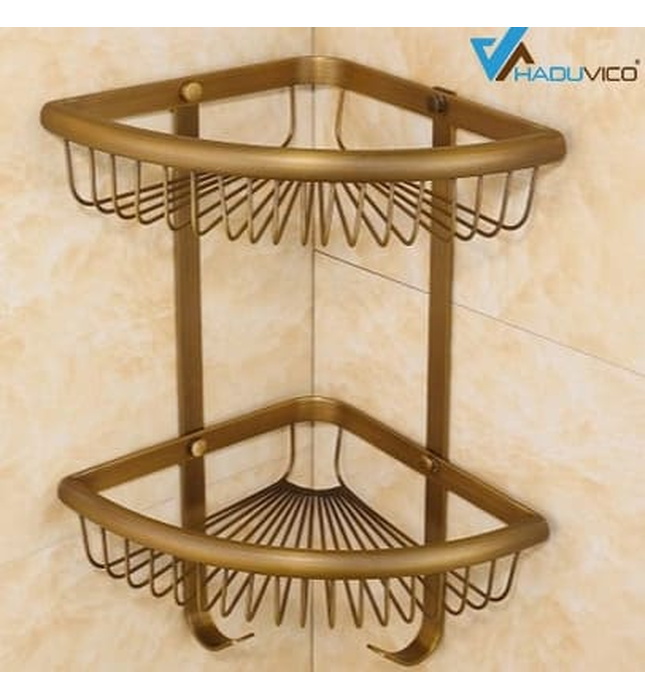 Kệ góc 2 tầng để đồ phòng tắm bằng đồng Haduvico PK074