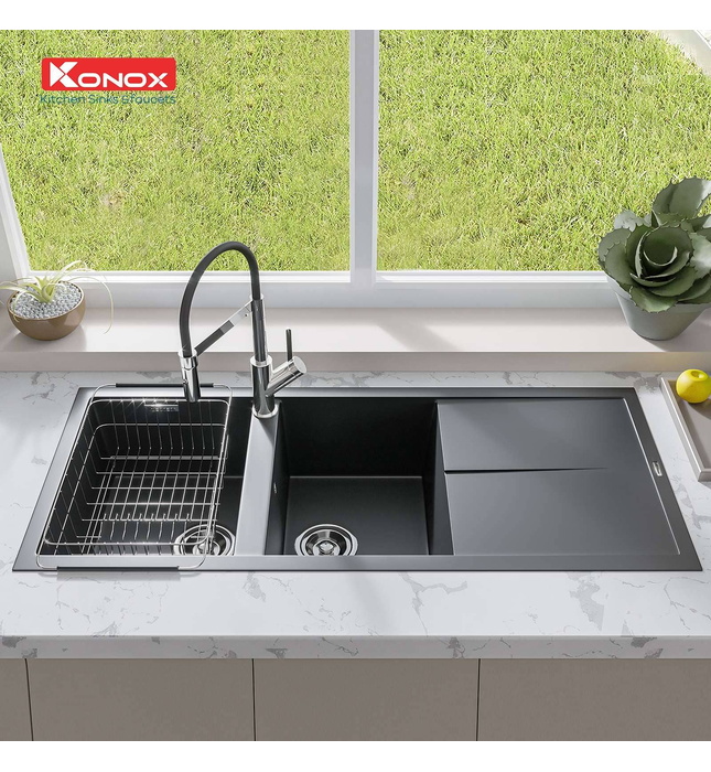 Chậu rửa bát 2 hố bàn phải Konox Livello Smart 1160-Black