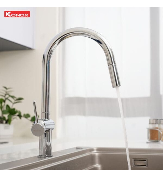 Vòi rửa bát nóng lạnh dây rút Konox Comfor Chrome