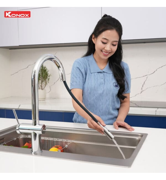 Vòi rửa bát nóng lạnh dây rút Konox Comfor Chrome