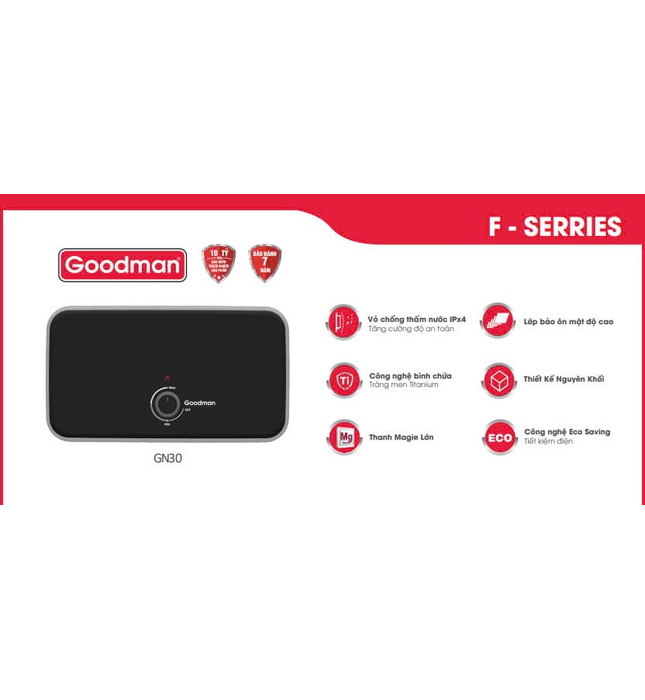 Bình nóng lạnh gián tiếp ngang 30lít Goodman GN30