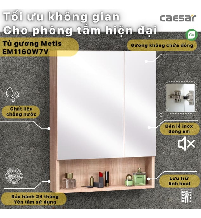Tủ gương treo phòng tắm màu vân gỗ CAESAR EM1160W7V 