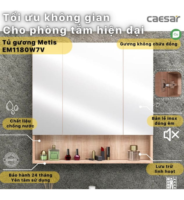 Tủ gương treo phòng tắm màu vân gỗ CAESAR EM1180W7V