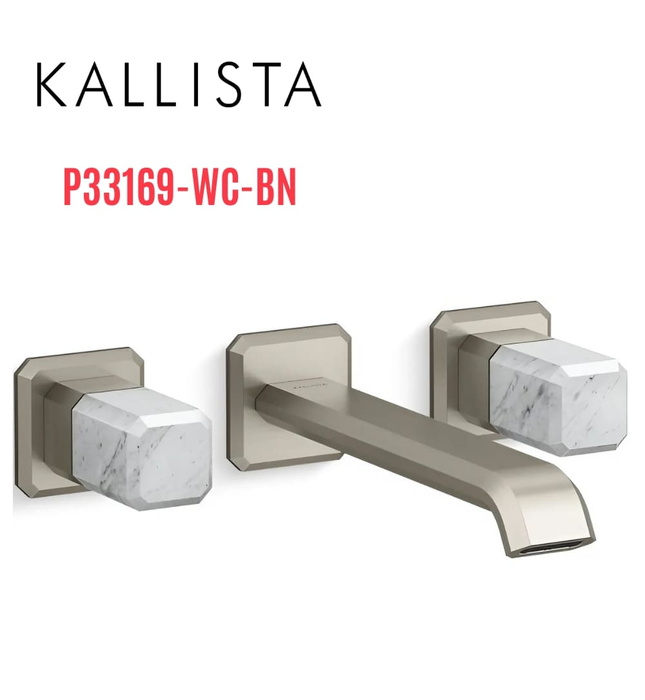 Vòi lavabo âm tường cổ dài, đá trắng - màu nickel Kallista P33169-WC-BN