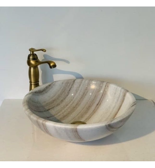 Chậu Rửa Mặt Đá Tròn Mỏng Màu Trắng Vân Nâu Eximstone BST12 