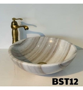 Chậu Rửa Mặt Đá Tròn Mỏng Màu Trắng Vân Nâu Eximstone BST12 