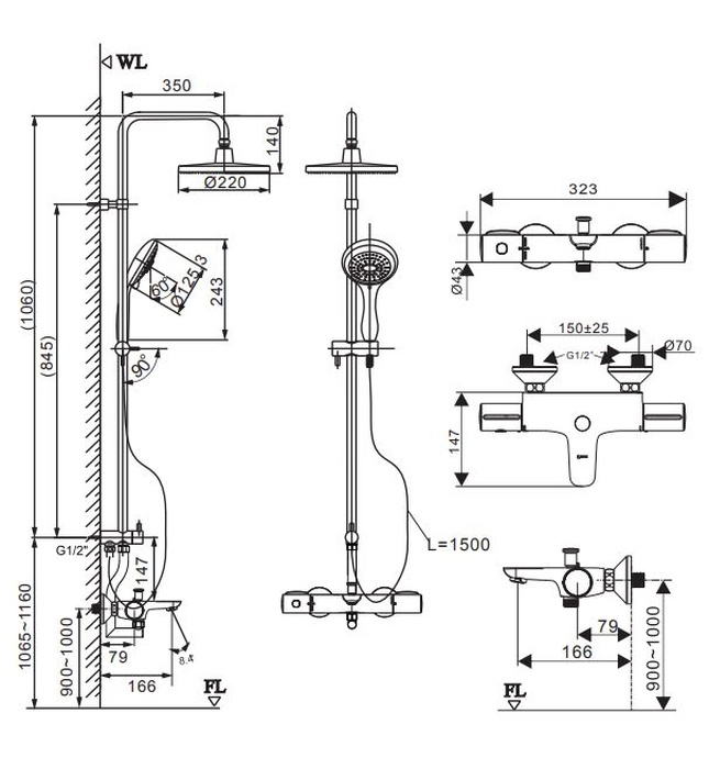 Vòi sen tắm đứng nhiệt độ Inax BFV-3415T-9C