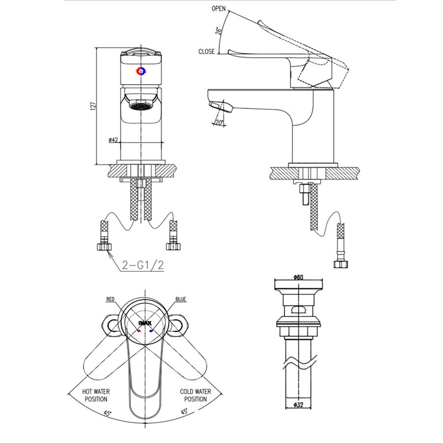 Vòi chậu rửa mặt 1 lỗ thấp nóng lạnh Inax LFV-2012S-R