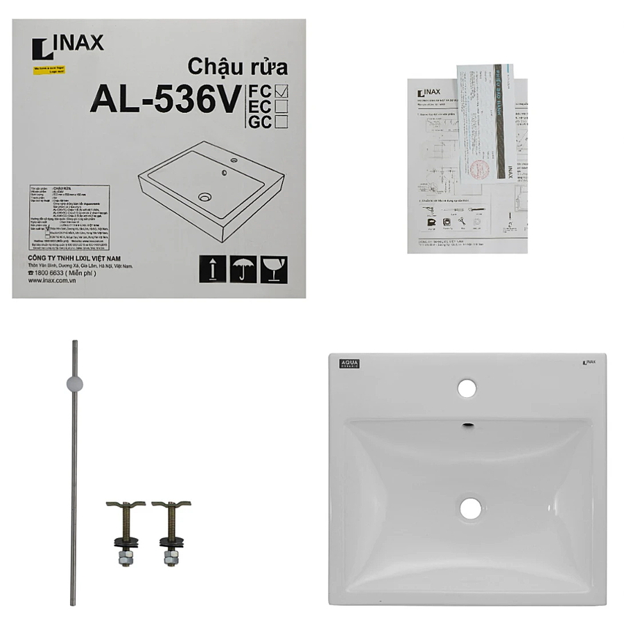 Chậu rửa mặt đặt bàn vuông 1 lỗ Inax AL-536VFC
