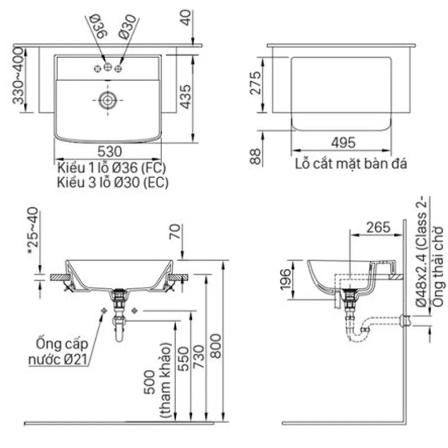 Chậu Rửa Mặt Lavabo Bán Âm Inax 3 lỗ AL-345VEC/BW1