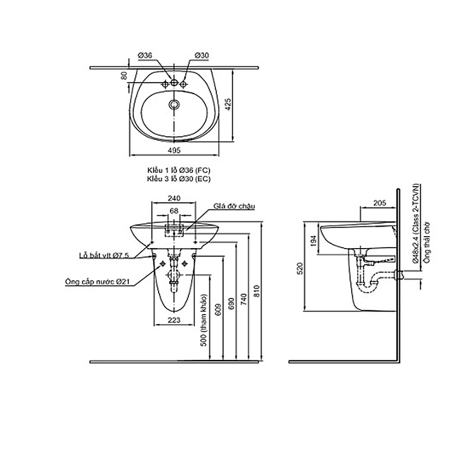 Chậu rửa mặt treo tường 1 lỗ Inax L-284VFC