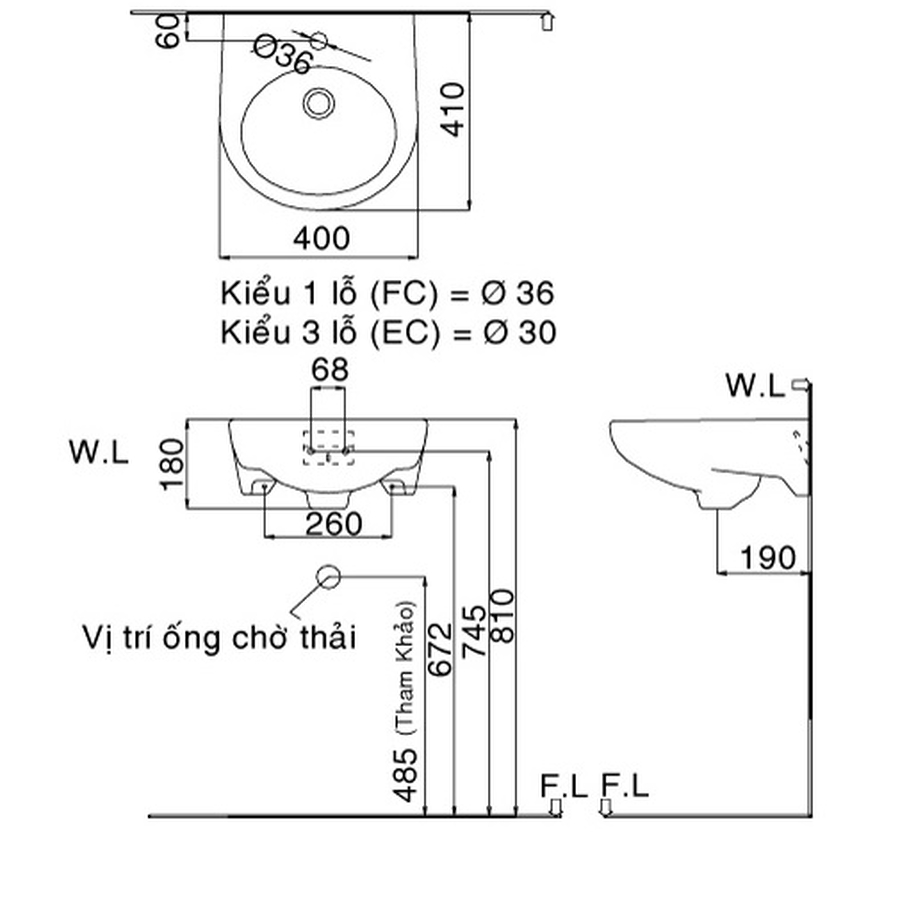Chậu rửa mặt treo tường 3 lỗ Inax L-282V(EC)