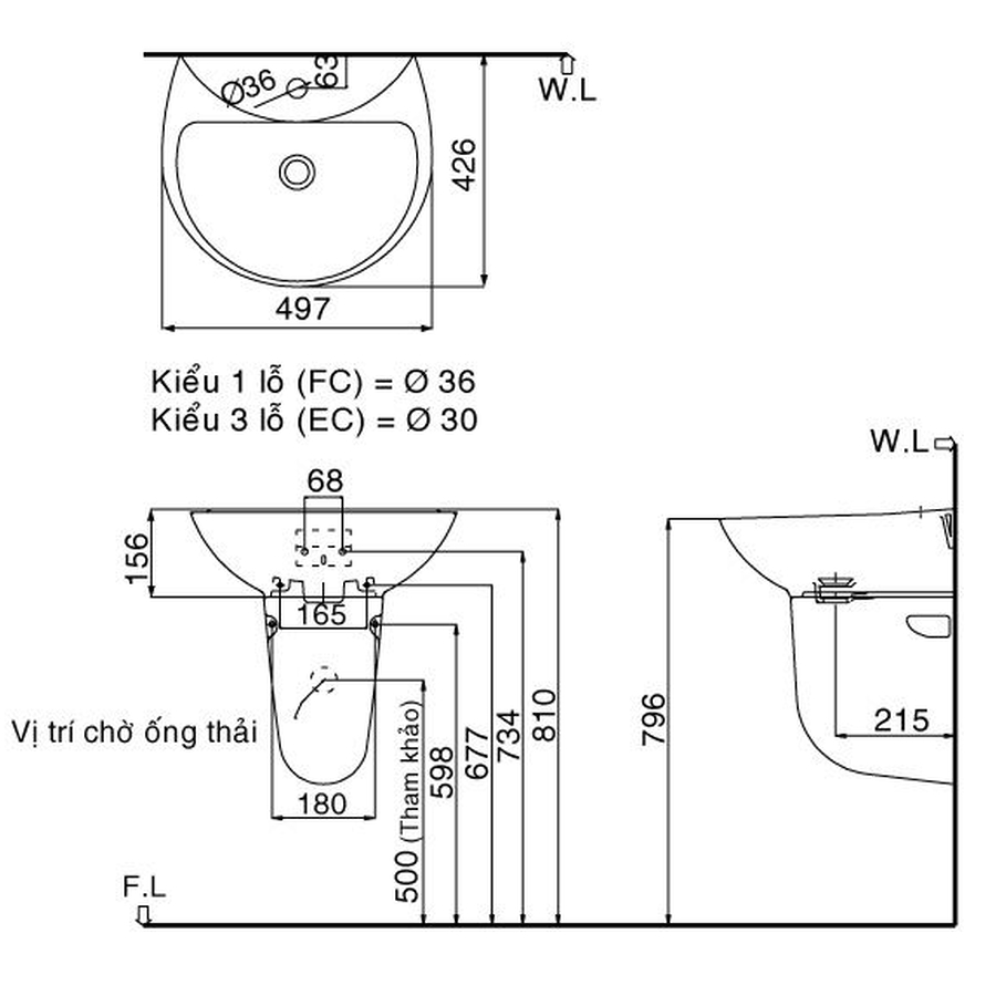 Chậu rửa mặt treo tường 3 lỗ Inax L-285VEC