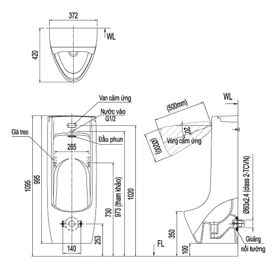 Bồn tiểu nam cảm ứng tự động Inax ASU-500V đặt sàn