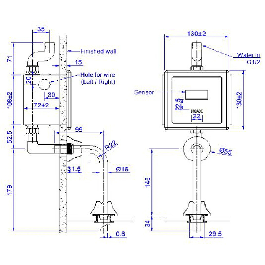 Van Tiểu Cảm Ứng Âm Tường Inax OKUV-30SM Dùng Pin Điện