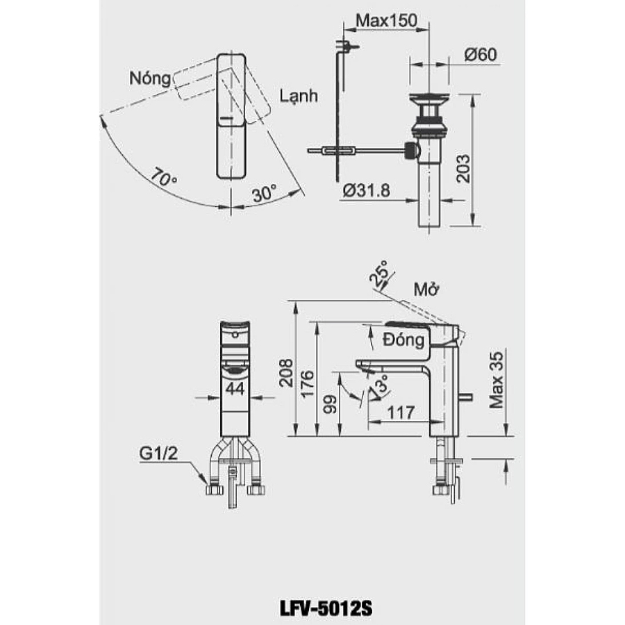 Vòi Chậu Rửa Mặt 1 Lỗ Nóng Lạnh Inax LFV-5012S
