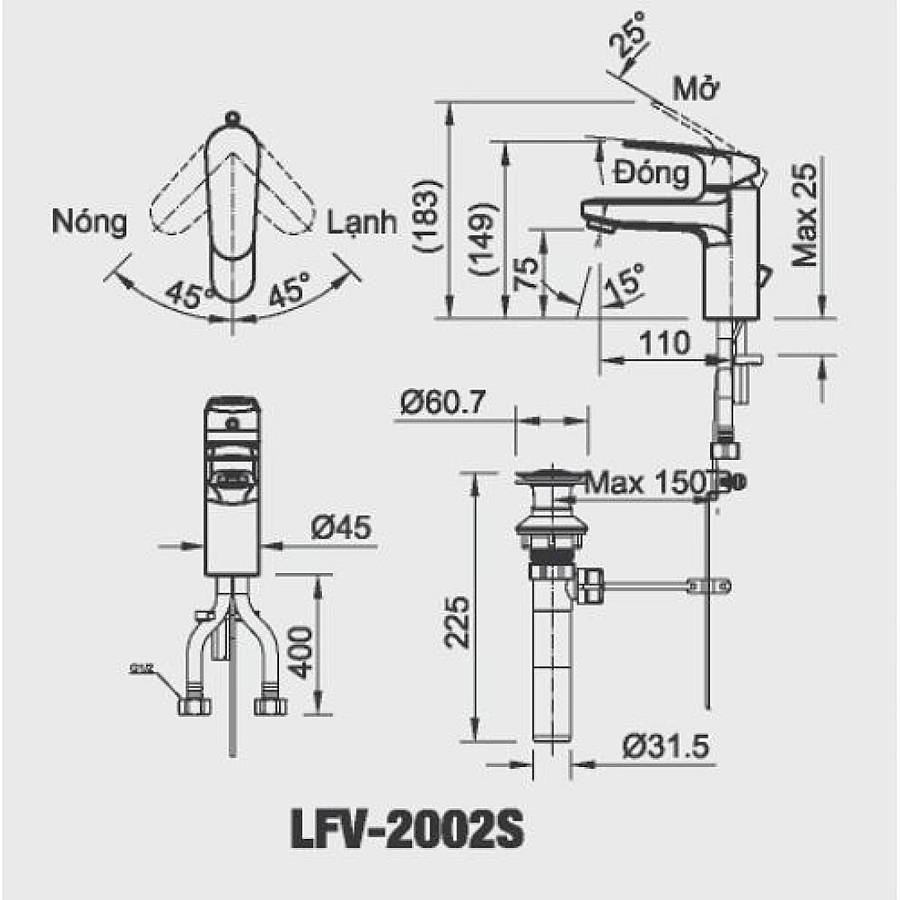 Vòi Chậu Rửa Mặt 1 Lỗ Thấp Nóng Lạnh Inax LFV-2002S