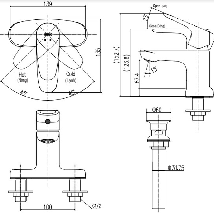 Vòi Chậu Rửa Mặt 2 Chân Nóng Lạnh Inax LFV-1111S