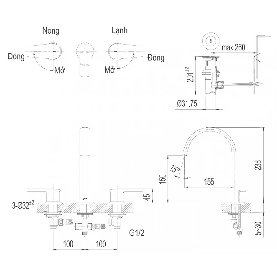 Vòi chậu rửa mặt 3 lỗ nóng lạnh Inax LFV-7100B