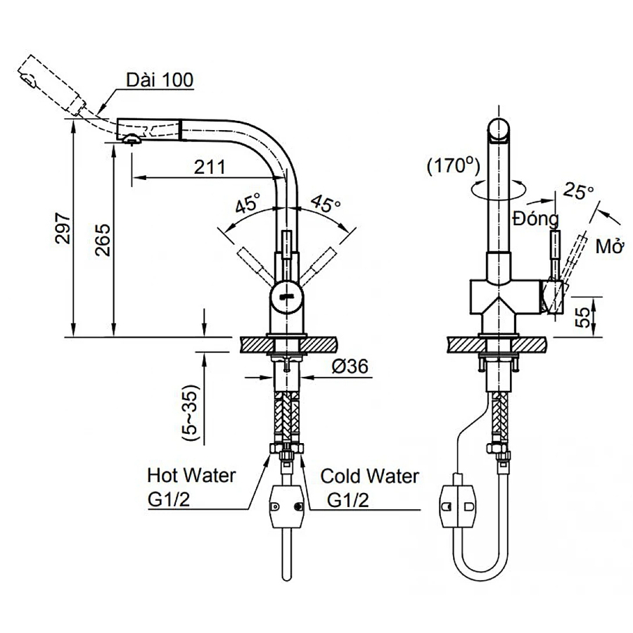 Vòi rửa bát nóng lạnh dây rút Inax SFV-1013SX