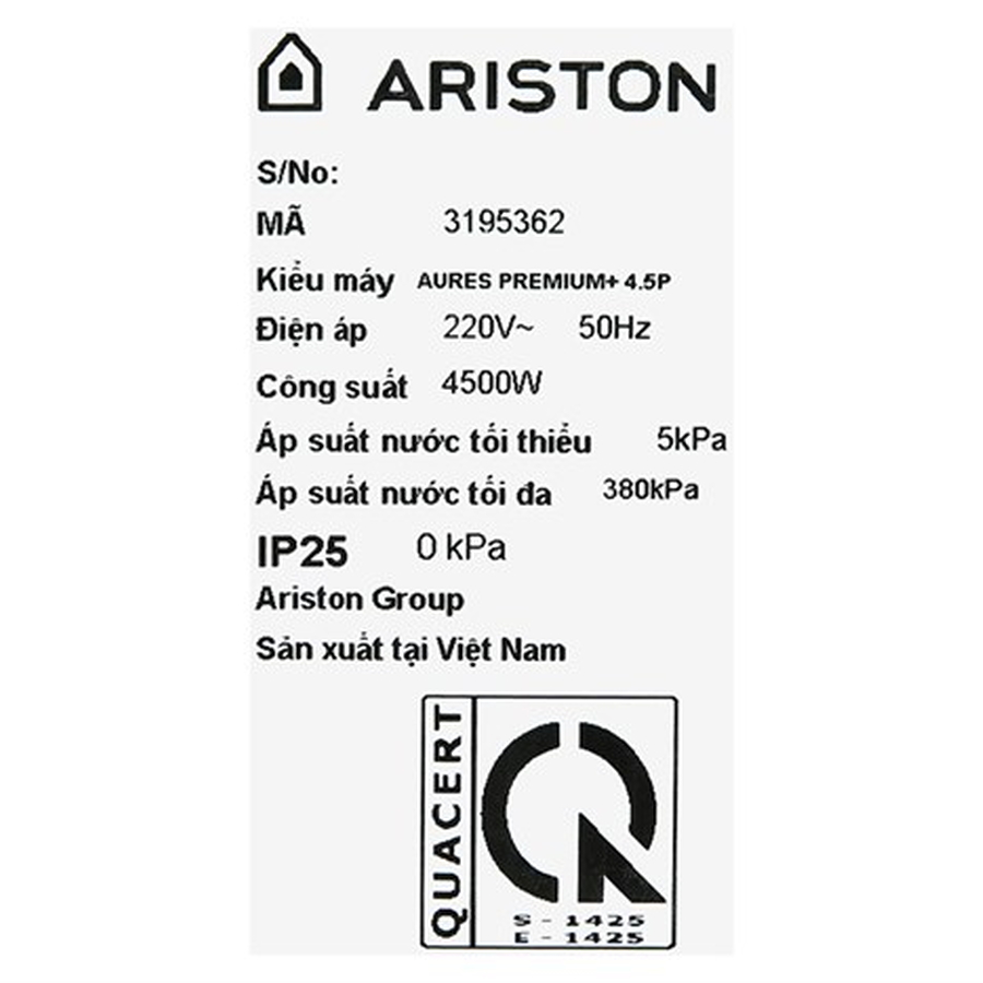 Bình nước nóng trực tiếp Ariston Aures Premium+ 4.5P( có bơm )
