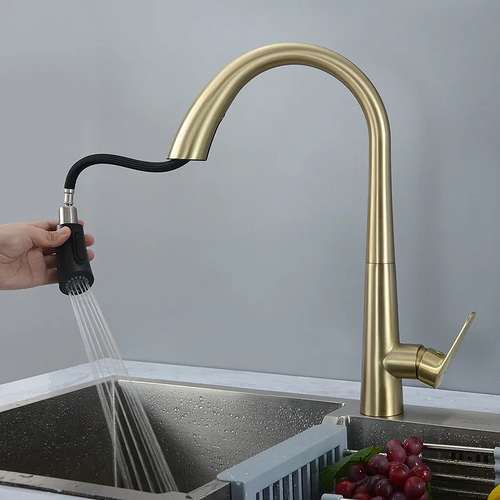 Vòi chậu rửa bát nóng lạnh dây rút màu vàng Miken MK-0578G