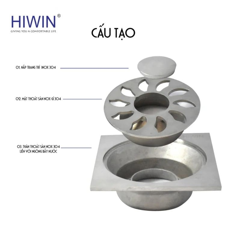 Ga thoát sàn đúc máy giặt liền khối sus304 chống gỉ Hiwin FD-007