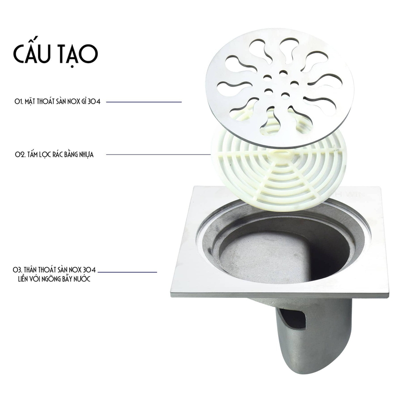 Phễu thu sàn đúc nguyên khối chất liệu inox 304 siêu bền Hiwin FD-026 