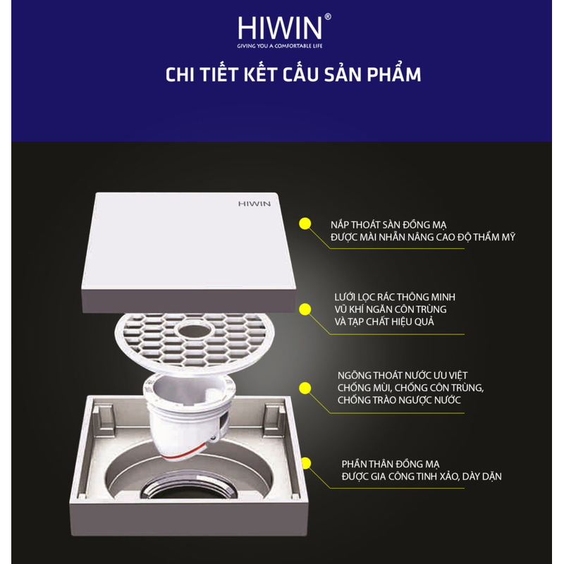 Thoát sàn cao cấp gương bóng siêu ngăn mùi Hiwin FD-1901H