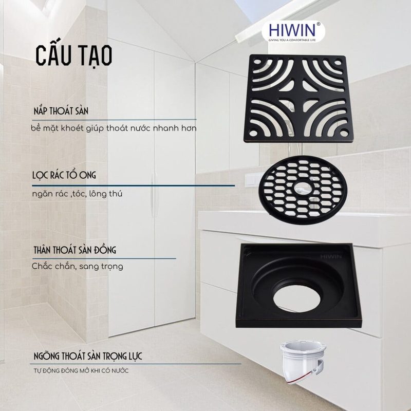 Ga thoát sàn vuông thoát nhanh, ngăn mùi tốt Hiwin FD-1414