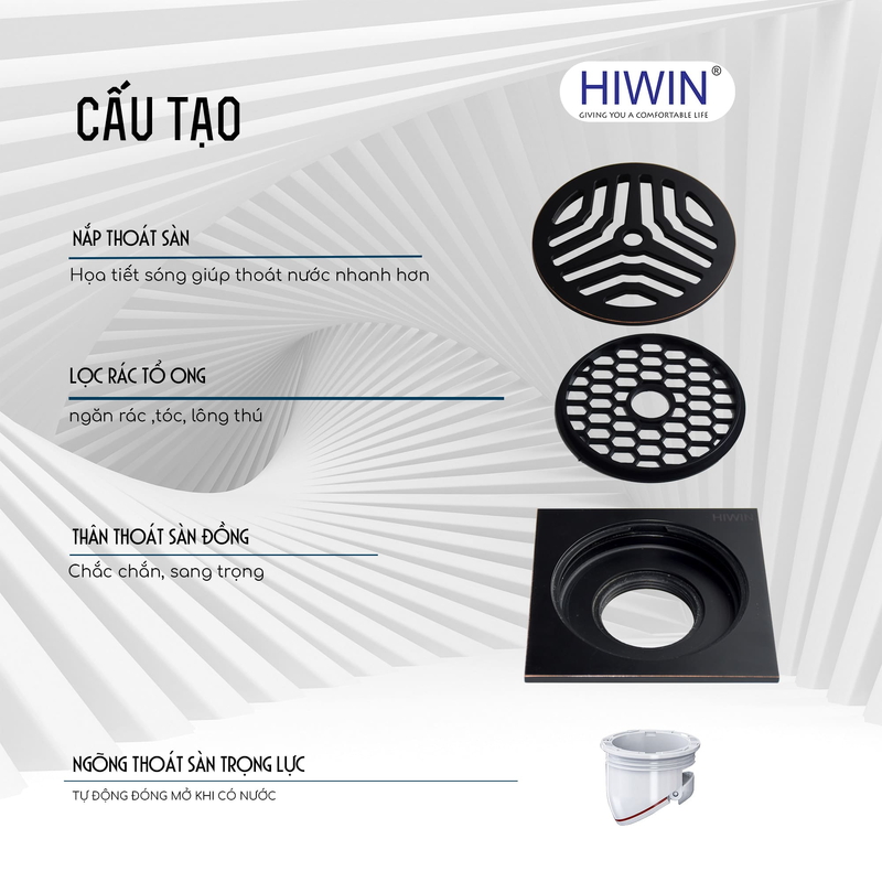 Ga thoát sàn đồng mạ đen thoát nhanh, ngăn mùi Hiwin FD-1122B