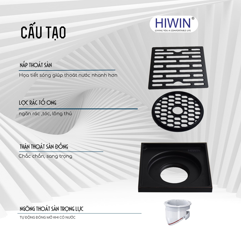 Thoát sàn chống hôi đồng mạ màu đen HIWIN FD-1408B