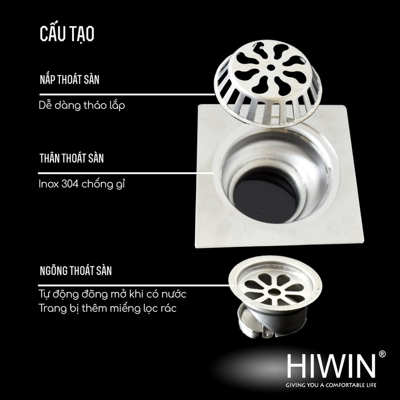Cầu chắn rác phi 76 inox 304 cao cấp mặt xước mờ Hiwin FD-76