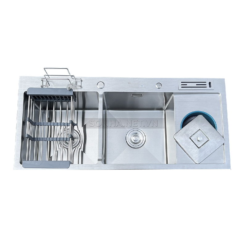 Chậu rửa bát inox 2 hố cân có bàn chờ, cài dao Kagol K10045 DR