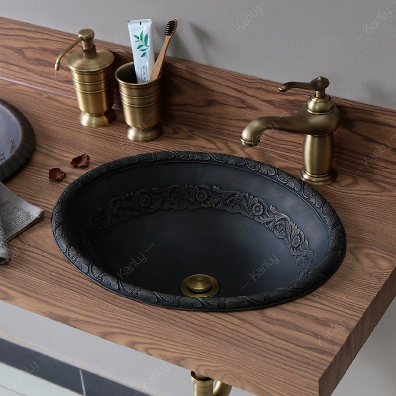 Chậu Rửa Lavabo Đặt Bàn Đồng Thau Họa Tiết Cổ Kanly DL6111 (BS045)