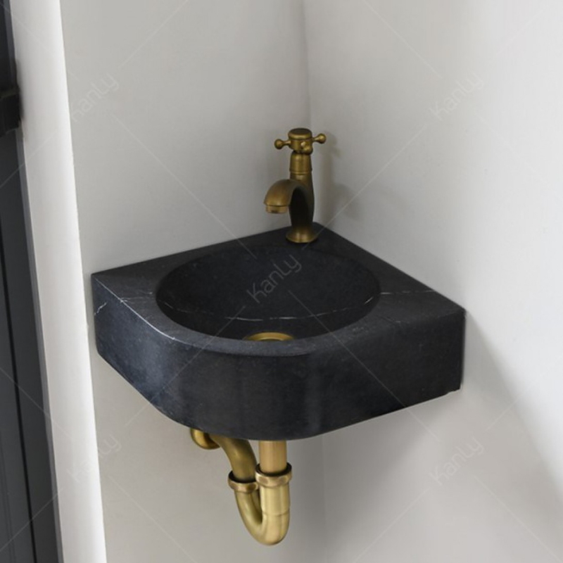 Chậu Rửa Mặt Lavabo Góc Treo Tường Đá Marble Đen Kanly MAR5M01
